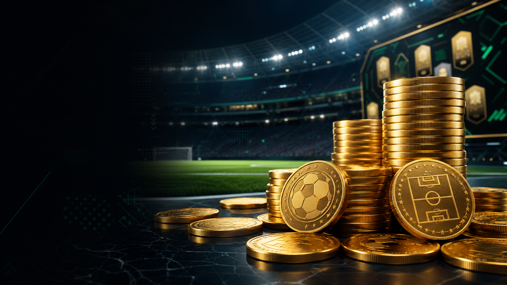 Gold FC coins in a football stadium